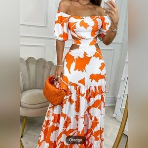 Floral Print Orange and White Cutout Dress